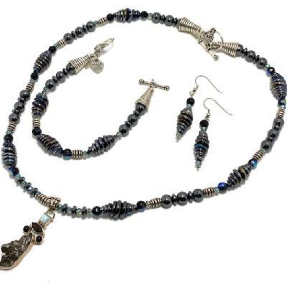 Handmade Jewelry Set by Surdigirl  Meteorite, Fire Opal, Hematite